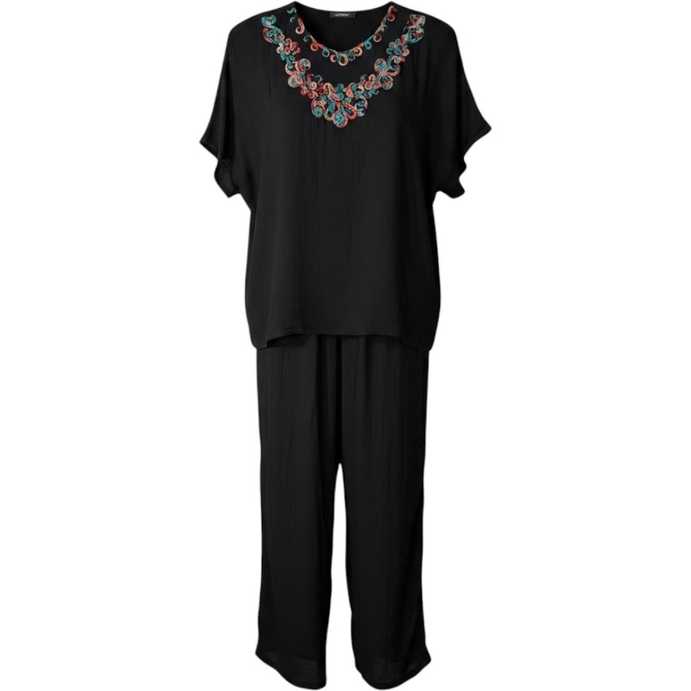 Carole Little Vintage 90s Black Rayon 2 Piece Set Soutache Embroidered Size M/L